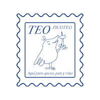 a drawing of a bird holding a knife and the words teo picoteo