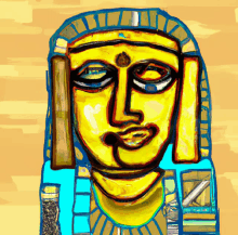 a colorful painting of a statue with a yellow face and a blue headband