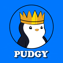 a penguin wearing a crown with the word pudgy underneath it