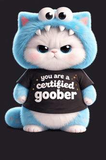 a stuffed animal wearing a black shirt that says you are a certified goober