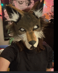 a person is wearing a fox mask and taking a selfie