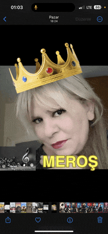 a woman with a crown on her head and the word meros on the bottom