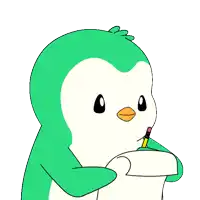 a green penguin is holding a piece of paper and a pencil