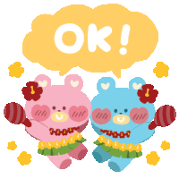 a pink and blue teddy bear holding maracas under a speech bubble that says " ok "