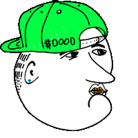 a drawing of a man wearing a green hat that says dood on it