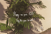 a picture of a palm tree with the words happy new year written on it