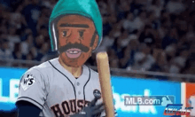 a baseball player wearing a mask and holding a bat .