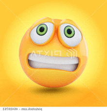 a yellow smiley face with green eyes and a surprised look on its face