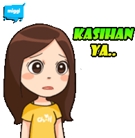 a cartoon of a girl with a speech bubble that says ' miggi ' on it