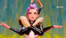 a cartoon girl is dancing on a stage with her hands outstretched .