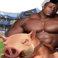 a very muscular man is riding a pig with a large horn