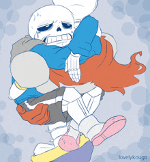 a drawing of a skeleton carrying another skeleton with the name lovelykouga on the bottom right