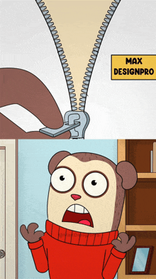 a cartoon of a monkey with a zipper and the name max designpro