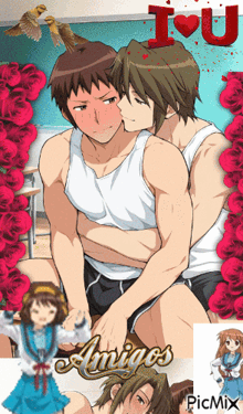 a picture of a man kissing another man on the cheek with the words amigos on the bottom