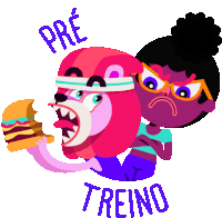 a cartoon illustration of a girl eating a hamburger with the words " pre treino " below her