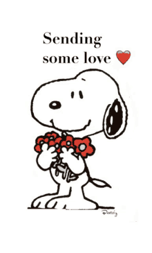 a cartoon of snoopy holding flowers with the words " sending some love "