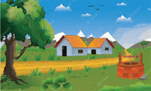 a cartoon illustration of a village with two houses and a well in the middle of the field .