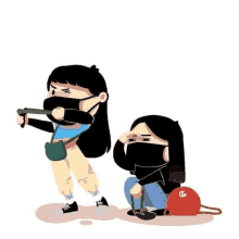 a cartoon of two girls wearing face masks and holding a gun .