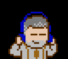 a pixel art drawing of a man with a beard and a blue hat