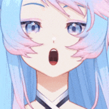 a close up of a anime girl with blue and pink hair