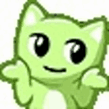 a pixel art drawing of a green cat making a peace sign with its paws .