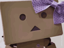 a cardboard box with a purple polka dot bow