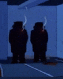 two cartoon characters with horns are standing next to each other in a room .