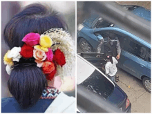 a woman with flowers in her hair and a man getting out of a car