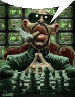 a cartoon of a man smoking a cigar and playing chess with the words top 6 behind him