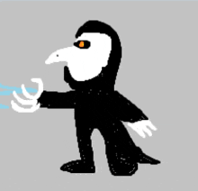 a black and white drawing of a bird with a long beak and orange eyes .