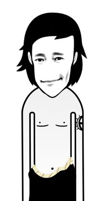 a black and white drawing of a man with long hair