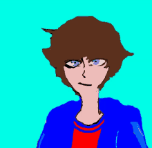 a cartoon drawing of a boy with blue eyes and brown hair