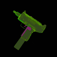 a neon green toy gun is against a black background