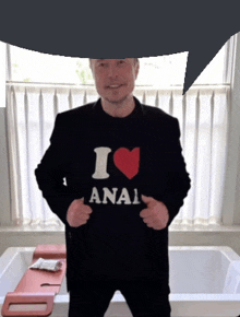 a man wearing a shirt that says i heart anal