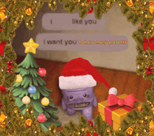 a purple monster wearing a santa hat is surrounded by a christmas tree