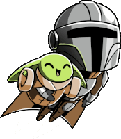 a cartoon of a man in a helmet carrying a baby yoda