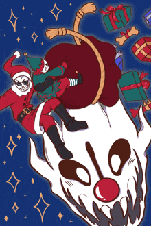 a drawing of a skeleton dressed as santa claus carrying a bag of gifts