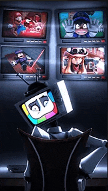 a robot with a tv head is sitting in front of a bunch of televisions .