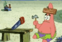 patrick star from spongebob squarepants is holding a hammer and a saw while sitting on a bench .