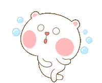 a cartoon drawing of a white bear with pink cheeks and blue bubbles around it