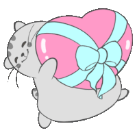 a cartoon cat is holding a pink heart wrapped in a blue bow