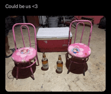 two pink chairs sit next to a red cooler and two bottles of aldo