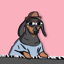 a cartoon of a dachshund wearing a hat and sunglasses playing a piano