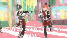 a couple of anime characters dancing with the words " alonso y pau fr fr get real " on the bottom