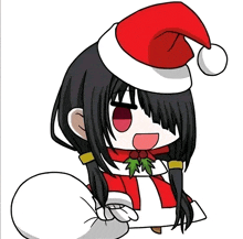 a cartoon girl wearing a santa hat and holding a bag