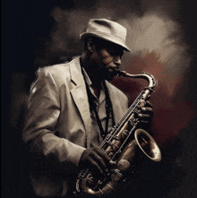 a man playing a saxophone with a hat on