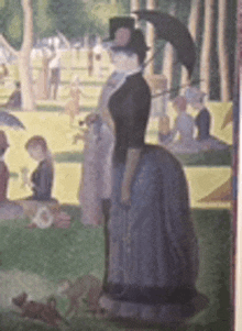 a painting of a woman holding an umbrella and a cane in a park