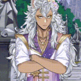 a man with long white hair and ears is standing with his arms crossed in front of a statue .