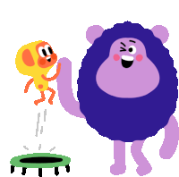 a cartoon illustration of a purple lion and a yellow monkey jumping on a trampoline