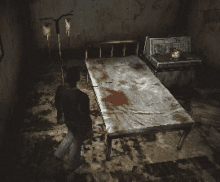 a pixelated image of a person standing in front of a bloody hospital bed